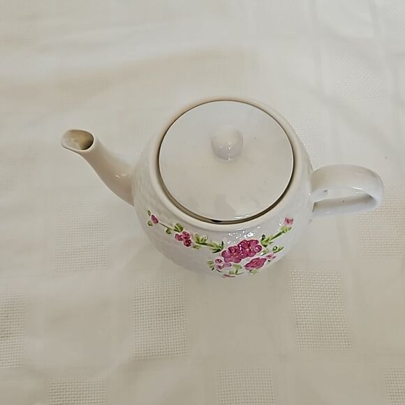 Vintage A Teleflora Gift 1985 Flower Teapot Basketweave Texture Pink/ White - Picture 15 of 16